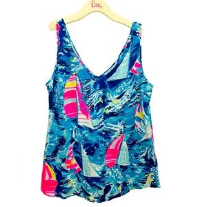Lilly Pulitzer Tank Top Size M Hey Bay Bay Blue Sailboat Racerback EUC